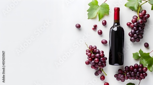 Bottle of red wine with ripe grapes and vine leaves on white background. Copy space, top view.