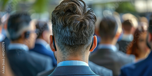 A businessman seen from behind, standing among a crowd of people, emphasizing focus and individuality in a professional setting.
