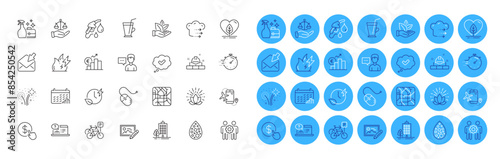 Flights application, Person talk and Skyscraper buildings line icons pack. Euro rate, Calendar graph, Food delivery web icon. Employees teamwork, Petrol station, Fireworks pictogram. Vector © blankstock