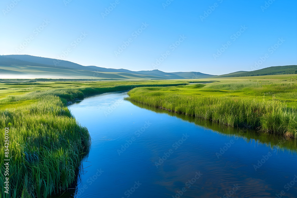 Serene Landscape with Clear Sky Indicating a Sunny Forecast and Promising Day Ahead Serene Landscape with Clear Sky Indicating a Sunny Forecast and Promising Day Ahead