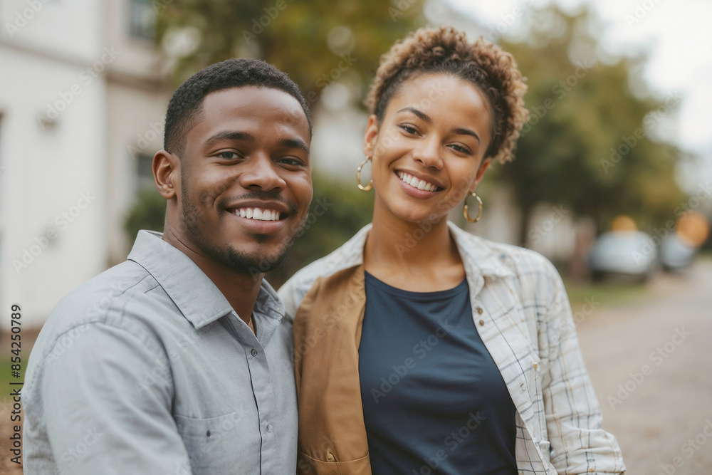 African American man and woman are smiling for the camera. They are both happy and enjoying the moment. Love couple in city