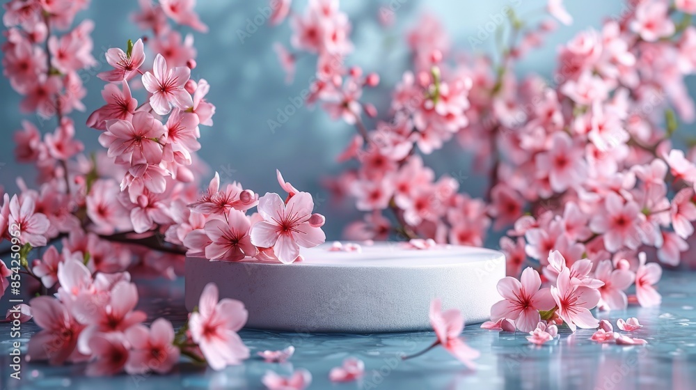 3D render of cherry blossoms swirling around a concrete podium with a dreamy, blue background 3D render of cherry blossoms swirling around a concrete podium with a dreamy, blue background
