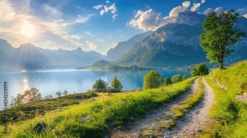 Tourist path to St. Valentin village. Impressive morning view of Muta lake (Haidersee), South Tyrol, Italy, Europe. Traveling concept background. photo