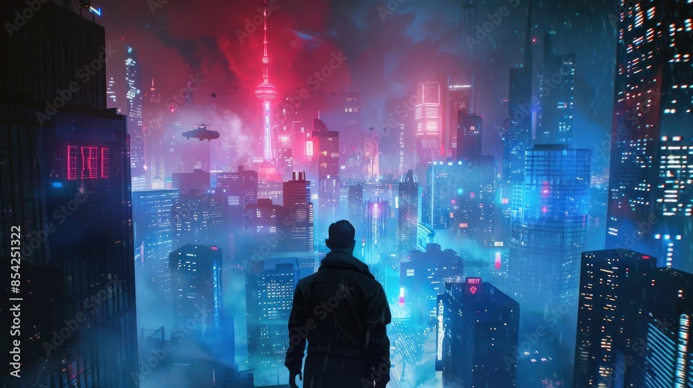 Man cyberpunk on top the building Man cyberpunk on top the building