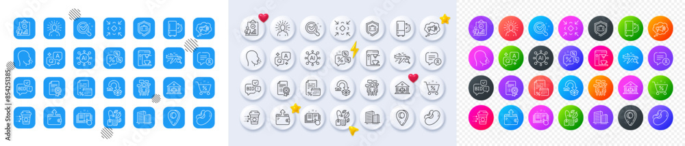 Search flight, Moving service and Chemistry lab line icons. Square, Gradient, Pin 3d buttons. AI, QA and map pin icons. Pack of Beans, Megaphone, Mint bag icon. Vector