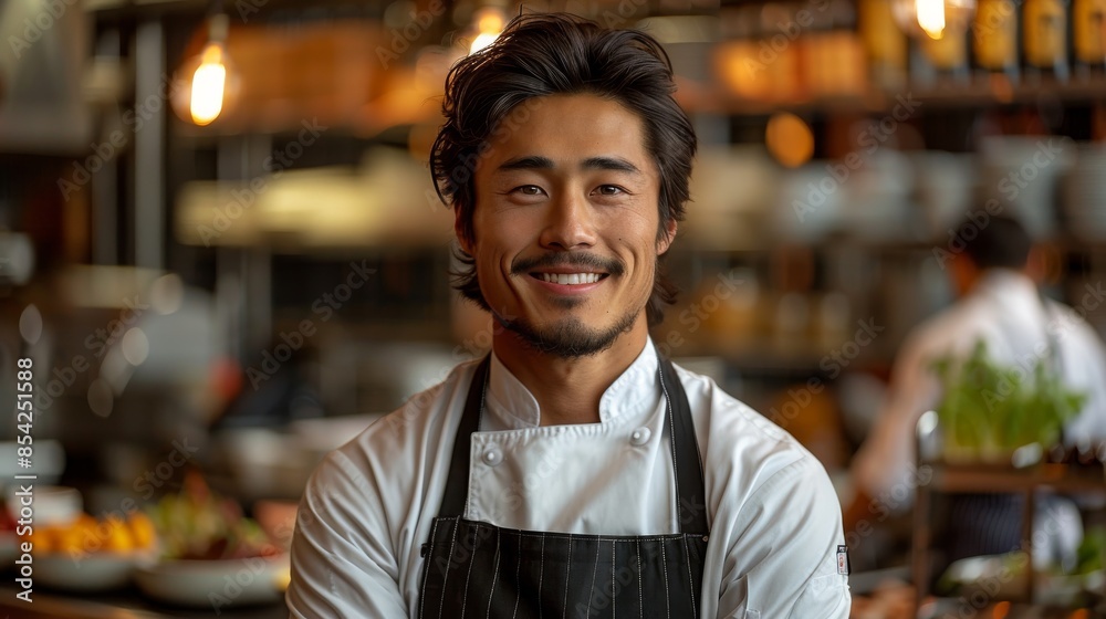 Fototapeta premium A charismatic male chef with a friendly smile poses in a well-equipped professional kitchen environment