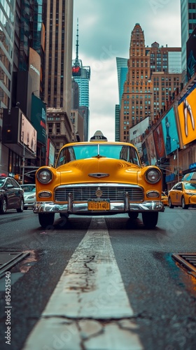 A vintage yellow taxi driving through a busy city street, surrounded by tall buildings and urban hustle, capturing the essence of city life and transportation. © Liana