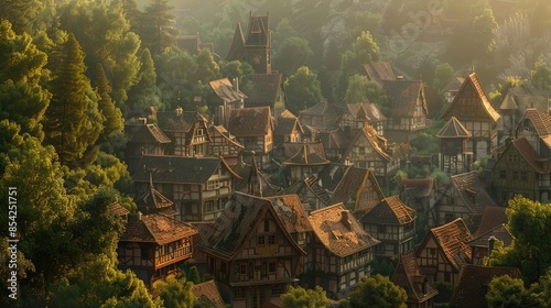 Old medieval village with wooden timbered houses, generative ai photo