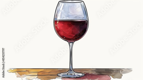 Fototapeta Naklejka Na Ścianę i Meble -  A vibrant watercolor style depicts a glass of red wine with light reflections and shading