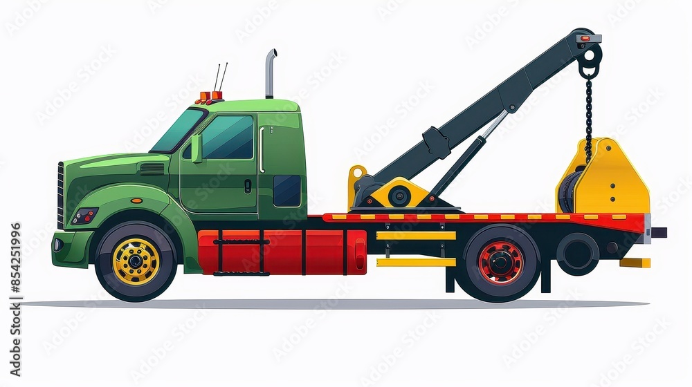 Fototapeta premium Green tow truck equipped with a hook and wheel lift, prominently displayed isolated against a white background