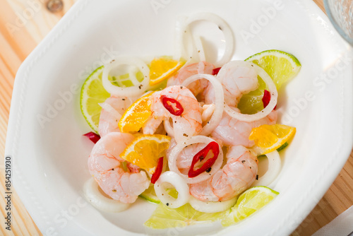 Delicious ceviche with shrimp, lime, onion and spicy pepper