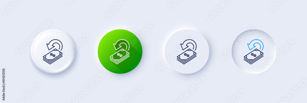 Cashback line icon. Neumorphic, Green gradient, 3d pin buttons. Dollar payment sign. Finance symbol. Line icons. Neumorphic buttons with outline signs. Vector Cashback line icon. Neumorphic, Green gradient, 3d pin buttons. Dollar payment sign. Finance symbol. Line icons. Neumorphic buttons with outline signs. Vector
