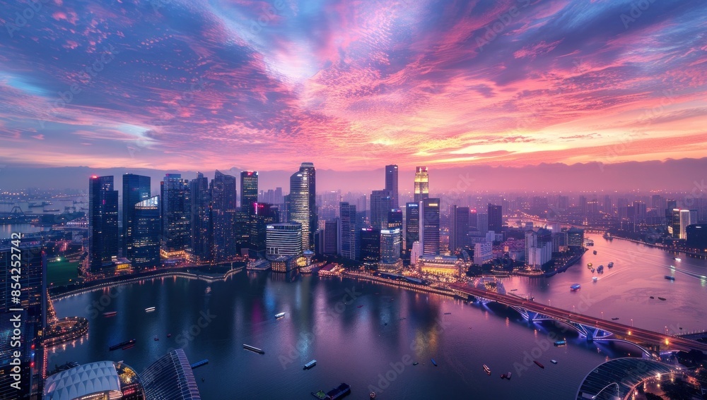 Obraz premium Capture a bustling cityscape at dawn, emphasizing the awakening of businesses.