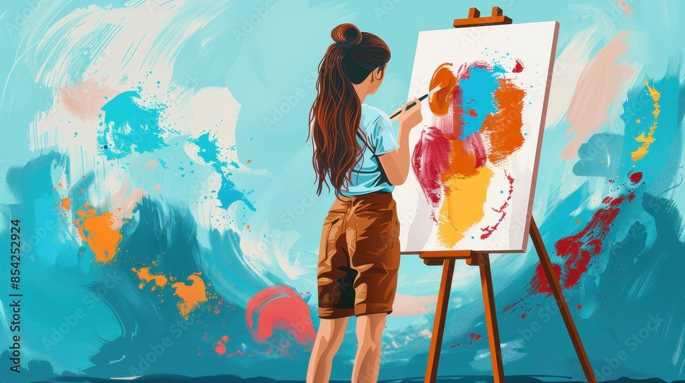 An illustration of a woman artist at work, painting an abstract piece on a canvas, with vivid background colors An illustration of a woman artist at work, painting an abstract piece on a canvas, with vivid background colors