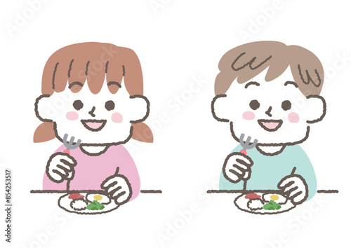 食事をしている男の子と女の子のイラストセット