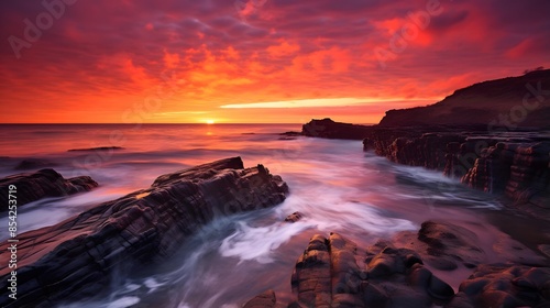 Panoramic view of a beautiful sunset over the sea, Cornwall, England