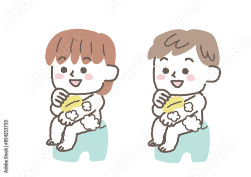 お風呂に入って体を洗っている子供のイラスト
