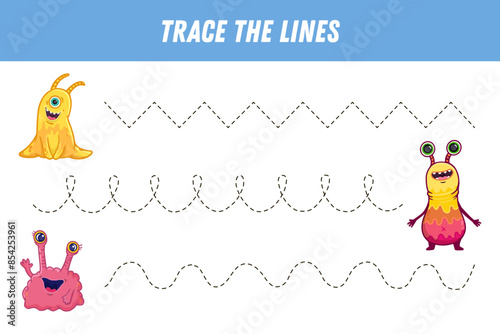 Tracing lines for kids. Cute cartoon monsters. Handwriting practice. Educational game for preschool kids. Activity page. Vector
