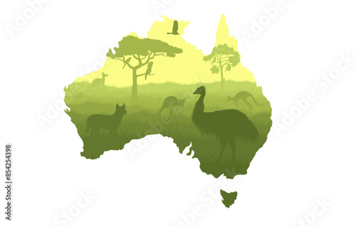 Vector map of Australia with acacia tree, kangaroo, cockatoo, dingo, galah, emu and eagle.	