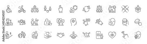 Engineering team, Teamwork and Cursor line icons. Pack of Touchscreen gesture, Smile, Face attention icon. Outsource work, Delivery man, Medical mask pictogram. Puzzle, Squad, Face verified. Vector