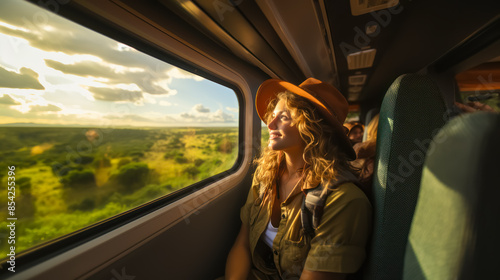 Adventurous Blonde Woman Enjoying Sunset from Train Window © ELVIZZ