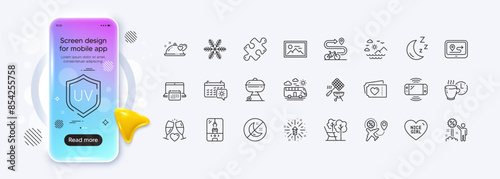 Love tickets, Deckchair and Game console line icons for web app. Phone mockup gradient screen. Pack of Grill, Travel calendar, Crane claw machine pictogram icons. Vector