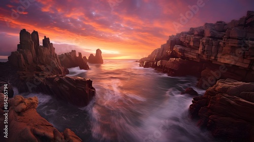 Panoramic view of the rocky coastline of the Atlantic ocean at sunset. Brittany, France