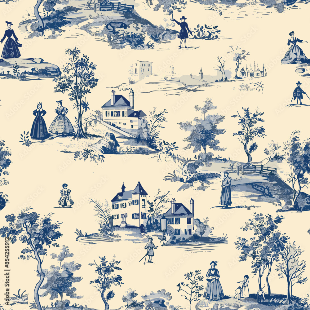 Toile de jouy, french countryside scenes print design seamless pattern Toile de jouy, french countryside scenes print design seamless pattern