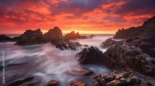 Long exposure seascape with rocks and ocean waves at sunset.