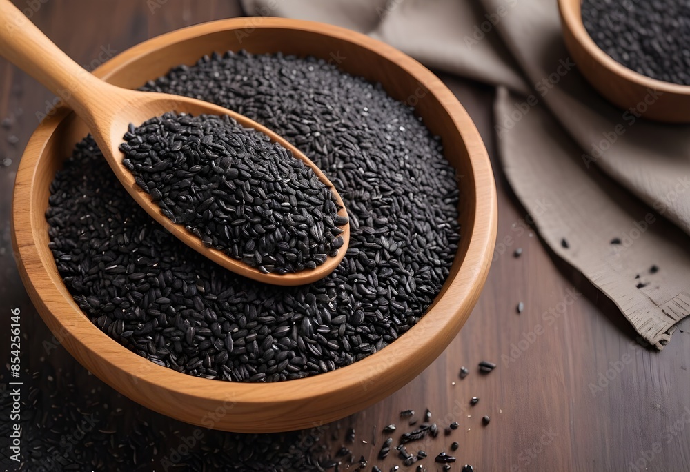 Wooden Bowl Filled with Black Sesame Seeds with Wooden Spoon Next to It - Nutritious and Flavorful Ingredient Display Wooden Bowl Filled with Black Sesame Seeds with Wooden Spoon Next to It - Nutritious and Flavorful Ingredient Display