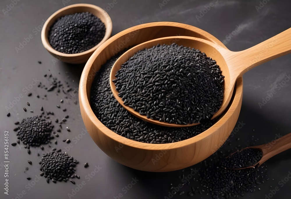 Wooden Bowl Filled with Black Sesame Seeds with Wooden Spoon Next to It - Nutritious and Flavorful Ingredient Display Wooden Bowl Filled with Black Sesame Seeds with Wooden Spoon Next to It - Nutritious and Flavorful Ingredient Display