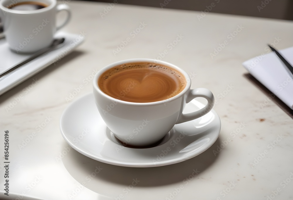 A Cup of Freshly Brewed Espresso Coffee on a White Saucer - Authentic and Invigorating Coffee Experience A Cup of Freshly Brewed Espresso Coffee on a White Saucer - Authentic and Invigorating Coffee Experience