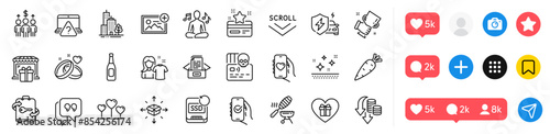 Fish grill, Yoga music and Loyalty card line icons pack. Social media icons. Skyscraper buildings, Dating app, Winner cup web icon. Scroll down, Marriage rings, Add photo pictogram. Vector