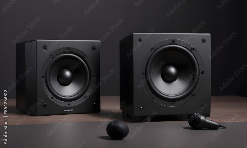 Two Black Speaker Units with Visible Woofers and Tweeters Placed on a Surface - High-Quality Audio Equipment Two Black Speaker Units with Visible Woofers and Tweeters Placed on a Surface - High-Quality Audio Equipment