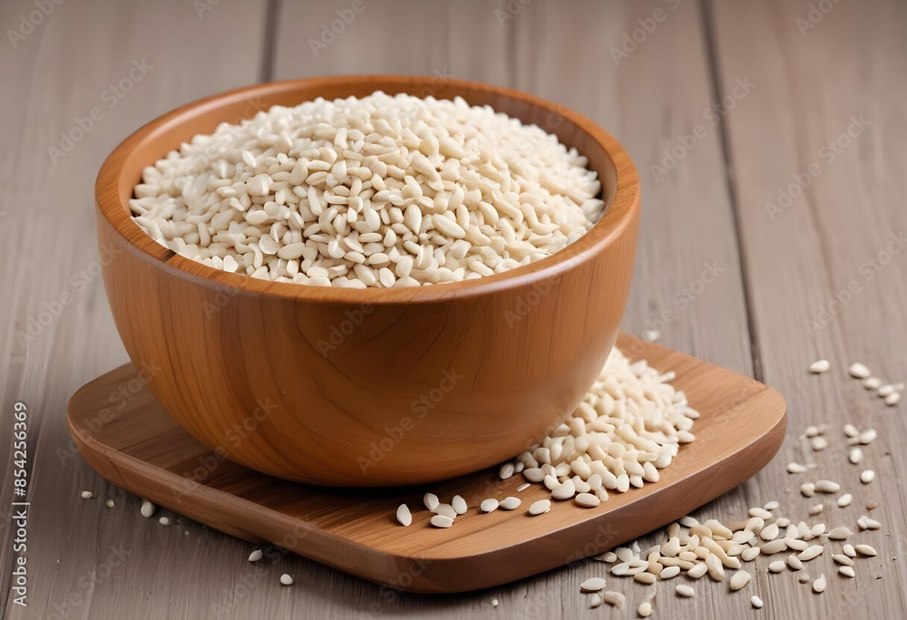 Wooden Bowl Filled with White Sesame Seeds - Natural and Nutritious Ingredient Display Wooden Bowl Filled with White Sesame Seeds - Natural and Nutritious Ingredient Display