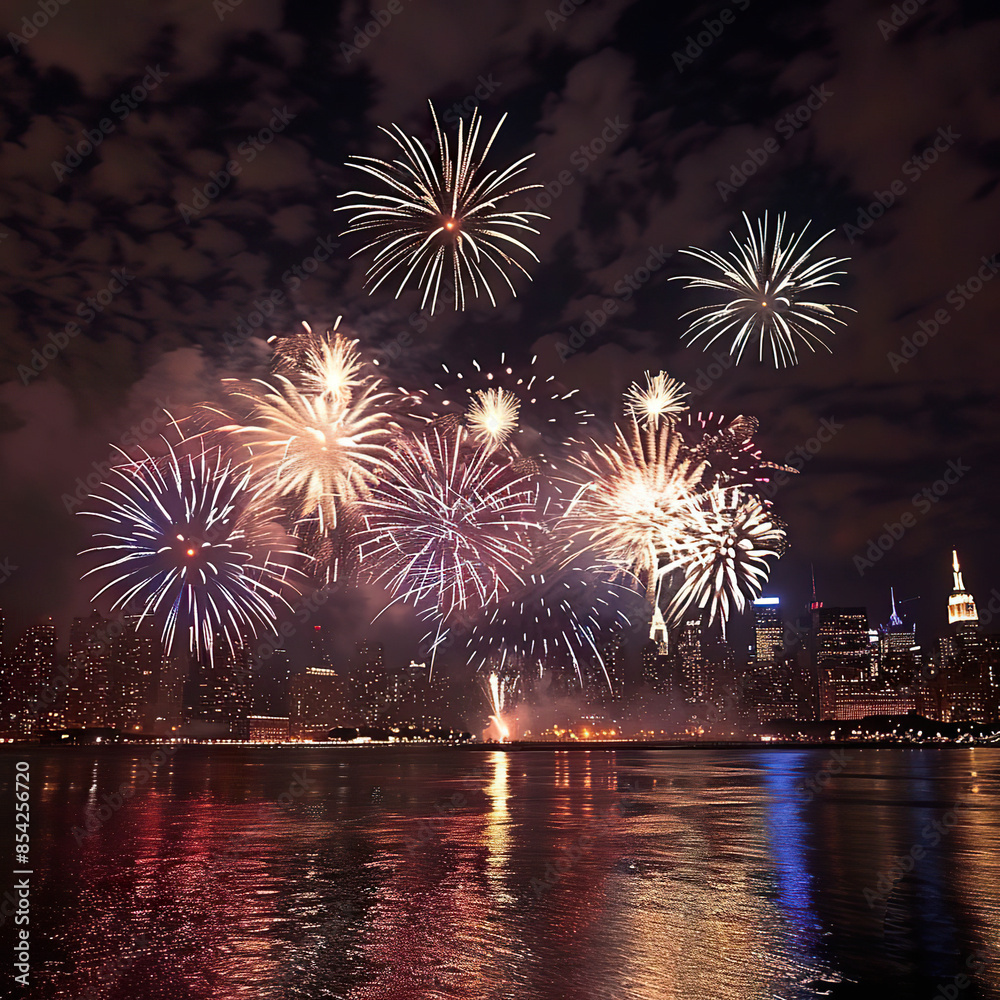 Obraz premium Fireworks Display Over City Skyline at Night. Generated by AI.