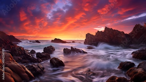 Beautiful panoramic landscape of a rocky beach at sunset.