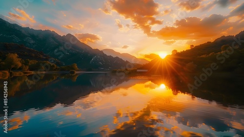 Tranquil sunset over mountain range reflects in serene pond 8k look like real captured by hd camera photo