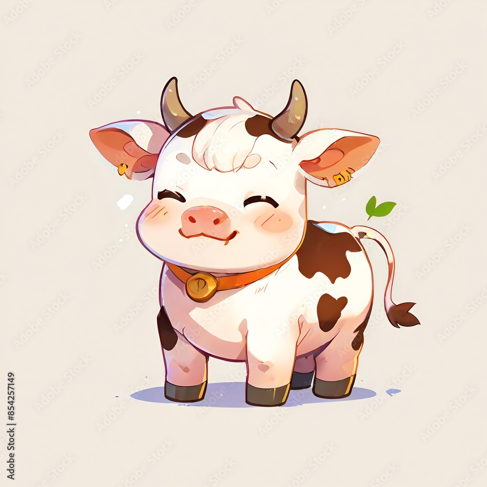 A cartoon cow with horns and a bell around its neck is smiling