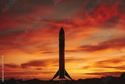 Rocket silhouetted against dramatic sunset sky with vibrant clouds, silhouette, space exploration concept