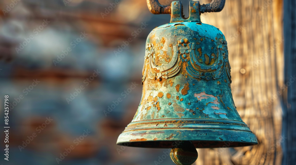 Obraz premium Detailed view of an old, weathered bell with ornate patterns, showcasing rustic charm and historical significance.