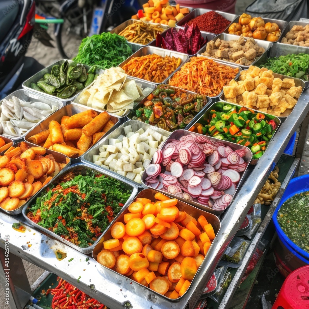 Vibrant Street Food Cart Offering Colorful and Spicy Snacks in Urban Setting