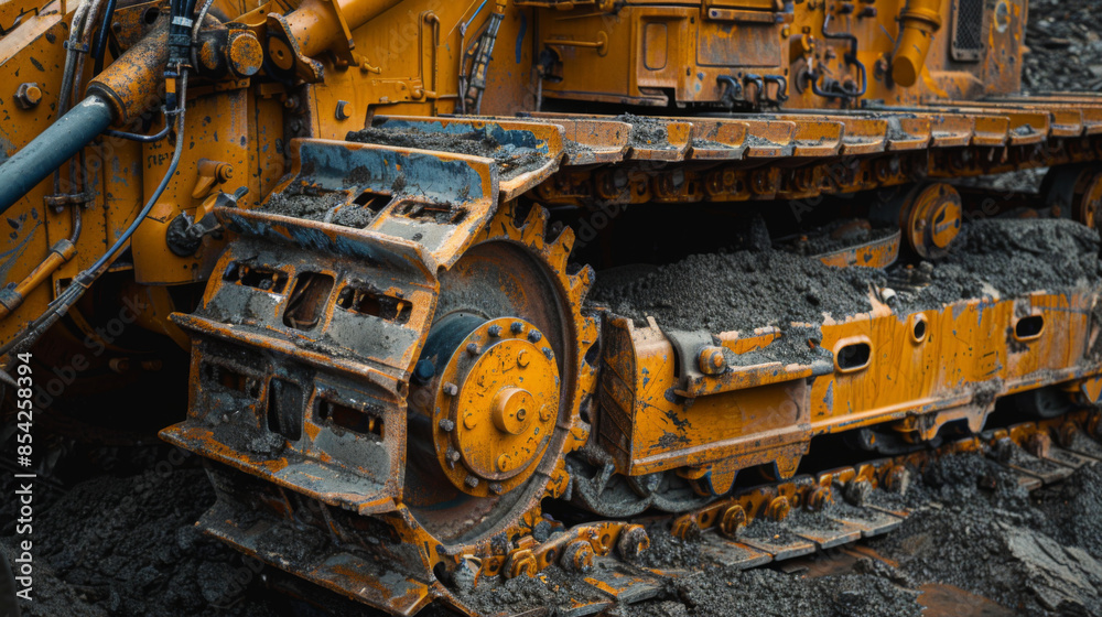 Detailed view of large muddy tracks on yellow construction equipment, highlighting heavy-duty machinery in a construction site. Detailed view of large muddy tracks on yellow construction equipment, highlighting heavy-duty machinery in a construction site.
