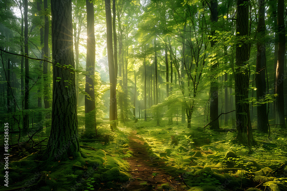 Naklejka premium Early Morning Serenity in a Lush Forest with Sunlight Filtering Through the Tall Trees and a Meandering Path
