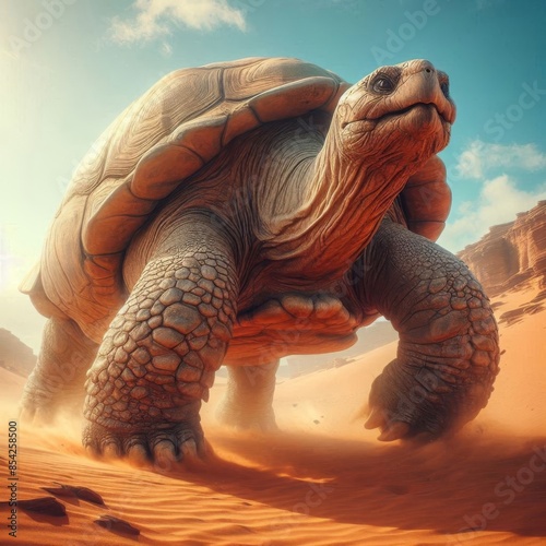 a giant turtle making its way across a sandy desert landscape, its large shell contrasting with the arid terrain photo