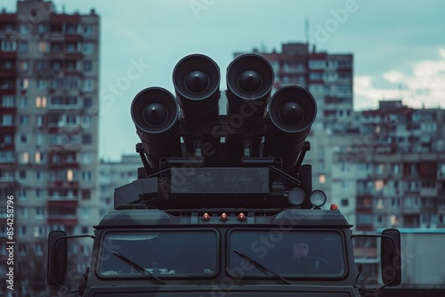 Military vehicle with missile launchers in urban area, world war concept photo