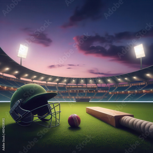 Cricket helmet and bat on grass of cricket stadium. View of cricket stadium at twilight. Rows of empty sricket staeats,  floodlights. Asia's most popular sport