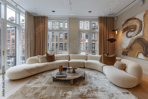 Stylish New York loft with wooden textures, showcasing a minimalist design. The space emphasizes simplicity and tranquility, with intricate details and a focus on clean, clutter-free living.