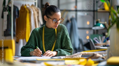 Focused Female Entrepreneur Working on Fashion Designs in Modern Studio, Surrounded by Clothing and Patterns, Generative AI photo