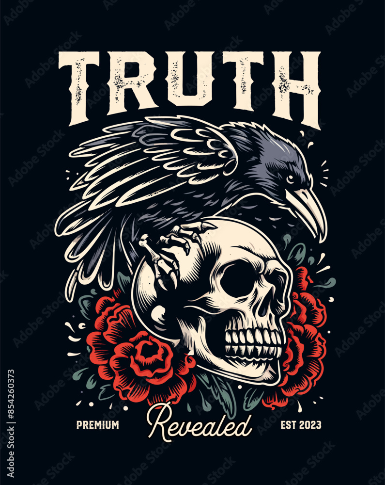 Fototapeta premium A skull with a crow perched on it on a rose background for t shirt design